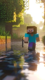 Sunlit blocky adventurer strolls through a calm pixel river