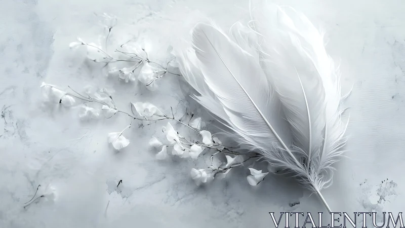 White feathers and blossoms on pale textured background.