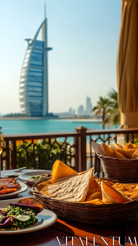 Waterfront Dubai dining with flatbread and iconic tower.