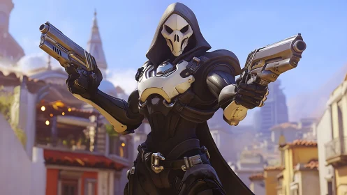 Armored skull-masked gunfighter aims pistols in sunny city