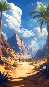 Sunlit canyon oasis dreaming under sculpted desert clouds.