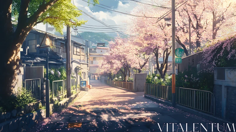 Cherry blossom street bathes quiet neighborhood in spring light.