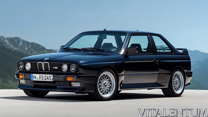 Black BMW E30 M3 coupe parked on flat outdoor surface.