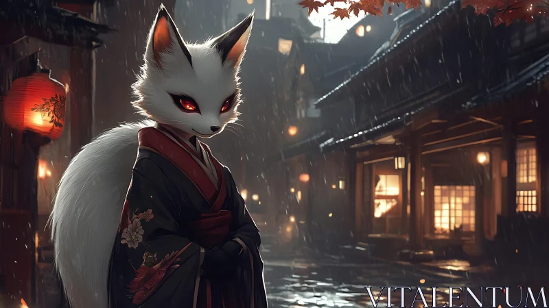 Kitsune in crimson kimono under lanternlit rain street.
