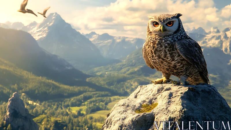 Majestic Owl on Rocky Cliff at Sunrise in Realistic Mountain Landscape.