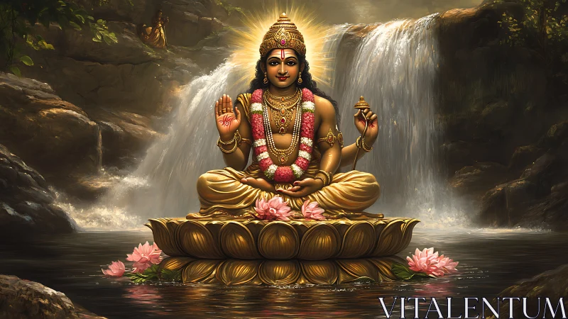 Hindu deity seated on lotus before twin waterfall scene.