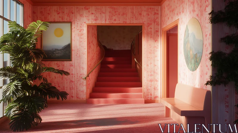 Sunlit pink stair hall with bench and framed art.