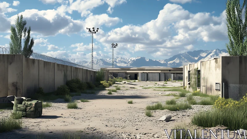 Desert military compound with concrete walls and towers.