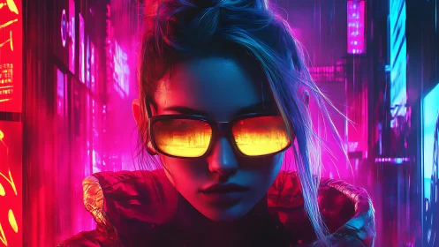 Neon-lit cyberpunk woman stares through blazing amber shades.