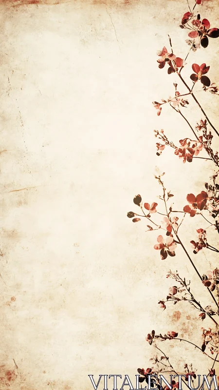 Vertical floral silhouette on distressed sepia parchment ground