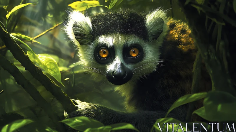 Lemur with bright amber eyes in dense green jungle habitat.
