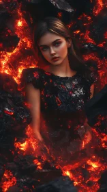 Emberborn maiden emerging amid molten lava and ash.