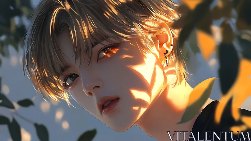 Digital portrait of youth in dappled sunlight among leaves.