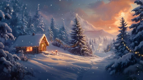 Snowlit cabin glows beneath pastel winter mountain dusk.