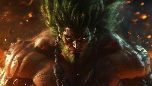 Savage green-haired warrior emerges from blazing embers.
