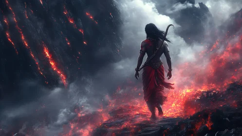 Volcanic warrior traverse through incandescent basalt field.