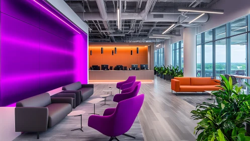Contemporary office lobby with neon wall and reception desk.