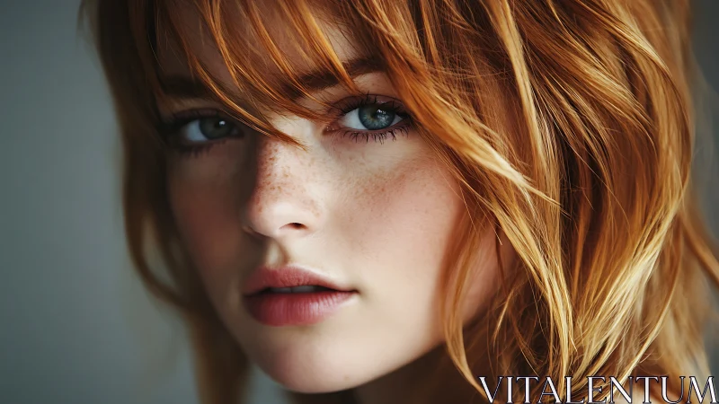 Cinematic close-up portrait renders freckled redhead in focus