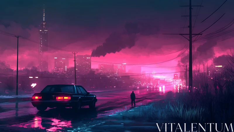 Solitary figure on neon highway facing smog drenched cybercity