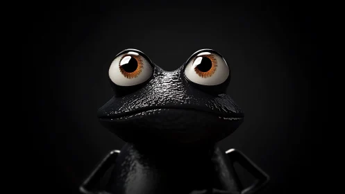 Glossy black cartoon frog stares forward in dark void
