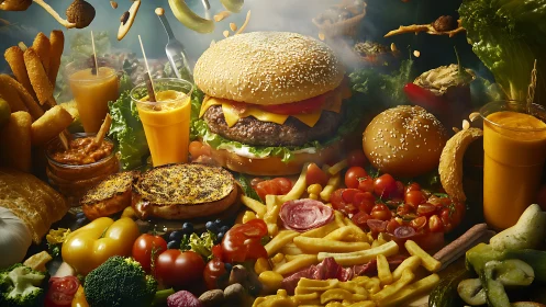 Lush fast food feast with burger, fries, juices, and snacks.