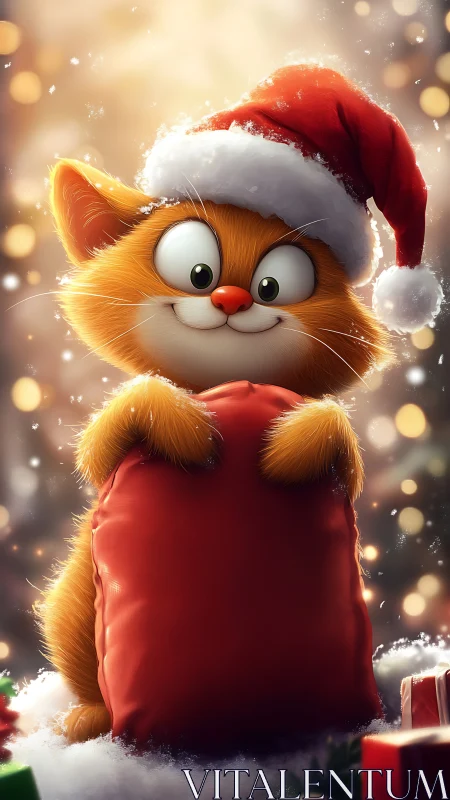 Merry mischief cat hugging a giant red Christmas surprise.