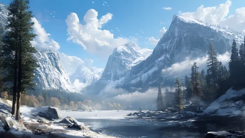 Snow-laden alpine valley rendered in atmospheric digital realism