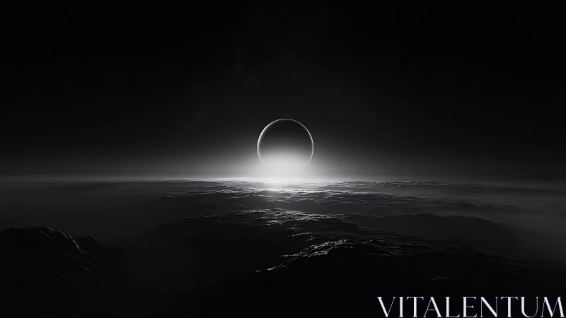 Silent eclipse over frozen alien dunes in silver hush.