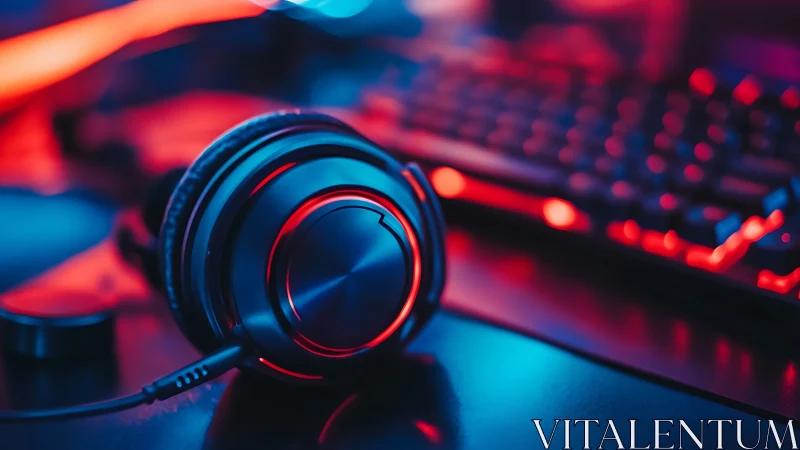 Headphones rest on desk surface beside illuminated keyboard