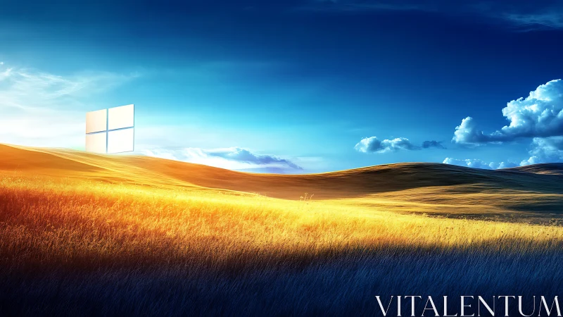 Luminous wheatfield horizon with integrated window emblem motif.