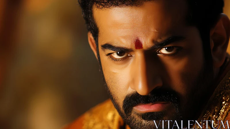 Intense close-up portrait of man with red forehead mark.