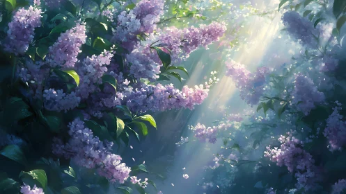 Sunlit lilac blossoms with drifting petals in soft haze.