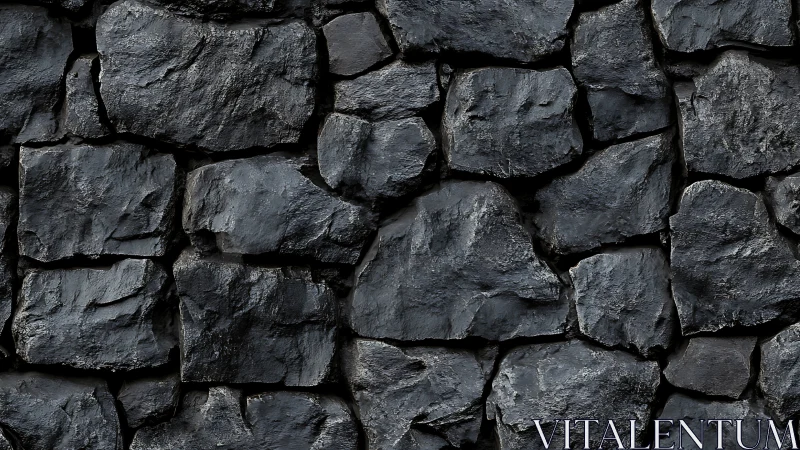 Dark irregular stone wall shows coarse texture and tight masonry joints