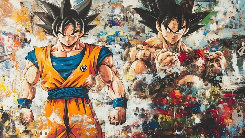 Dual anime warrior figures on abstract textured ground.