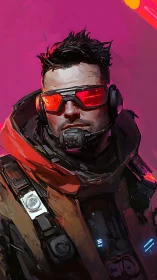Neon pilot gazes ahead in bold pink sci fi glow.