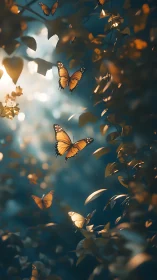Orange butterflies among foliage in diffuse backlighting.