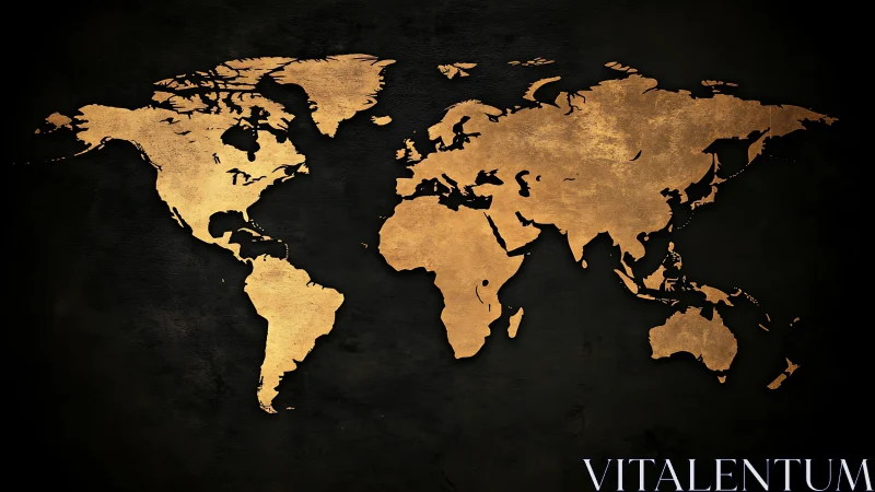 Gold silhouette world map on dark textured background.