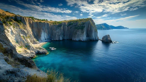 Dramatic Limestone Cliffs Frame Turquoise Mediterranean Cove.