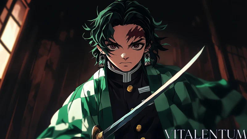 Blade-lit resolve of a cloaked anime swordsman in shadowed hall.