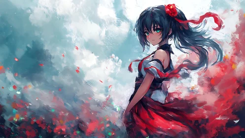 Anime girl in red dress amid swirling clouds and petals.