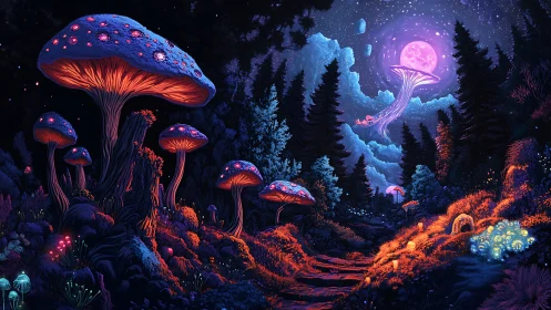 Luminous fungal landscape beneath moonlit forest sky.