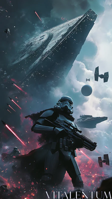 Armored sci-fi soldier under massive star cruiser in battle.