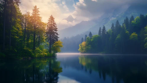 Alpine Lake Sunrise Through Mountain Forest Landscape.