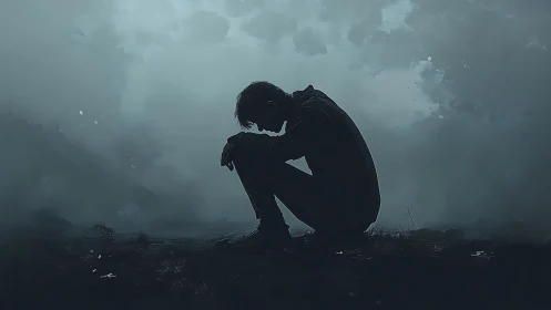 Solitary figure sits in mist, embodying quiet inner sorrow