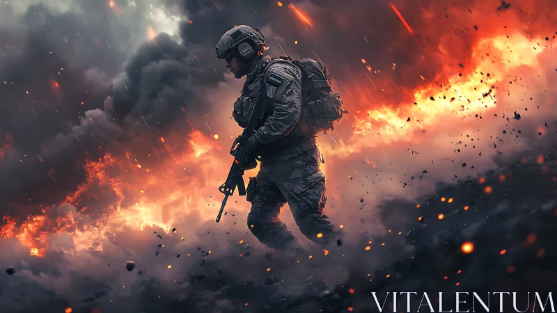 Armored soldier advances through inferno amid dynamic explosions