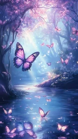 Butterflies over reflective stream in luminous forest scene.