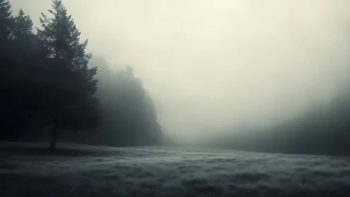 Fog-draped pine forest edge under pale morning sky.