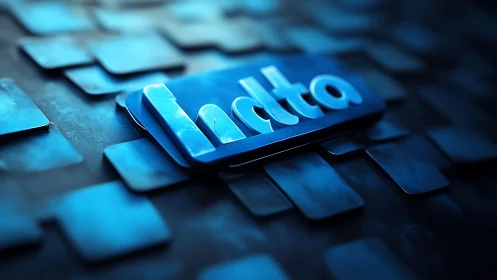 Metallic blue logo plaque with beveled lettering in glow.