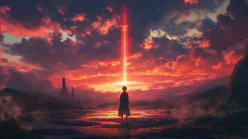 Solitary figure under vertical red beam at sunset sky.