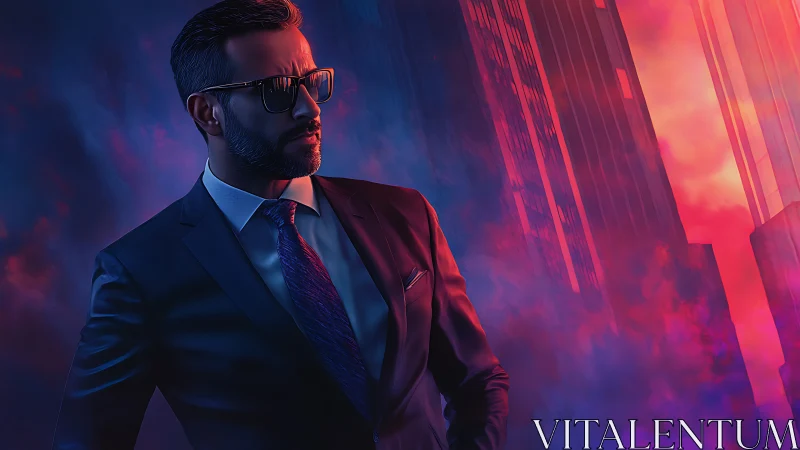 Midnight glass titan in neon stormlit corporate canyon.